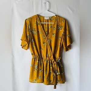 Sienna Sky Size Medium Yellow Floral Mustard Yellow Blouse with Belt Tie